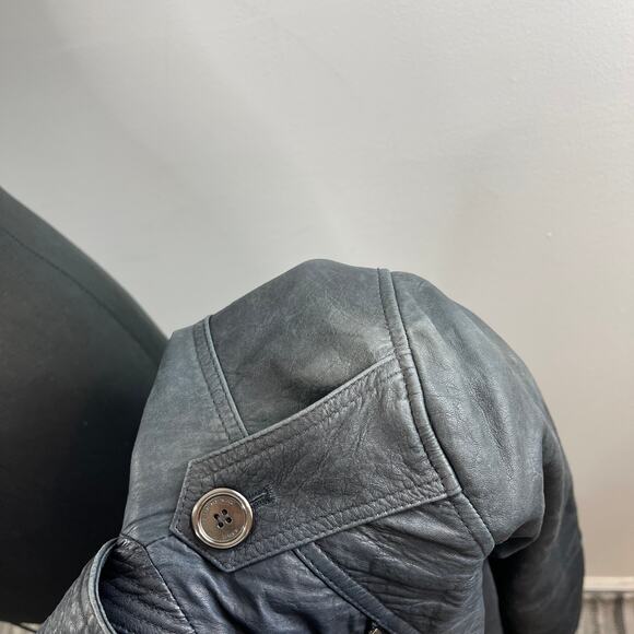 Burberry Brit Dark Blue Distressed Leather Belted Trench Coat Jacket US 6 UK 8 - Picture 7 of 16